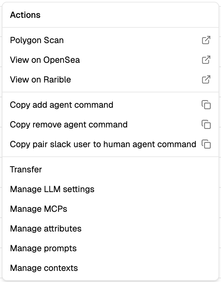 Actions menu showing all configuration options