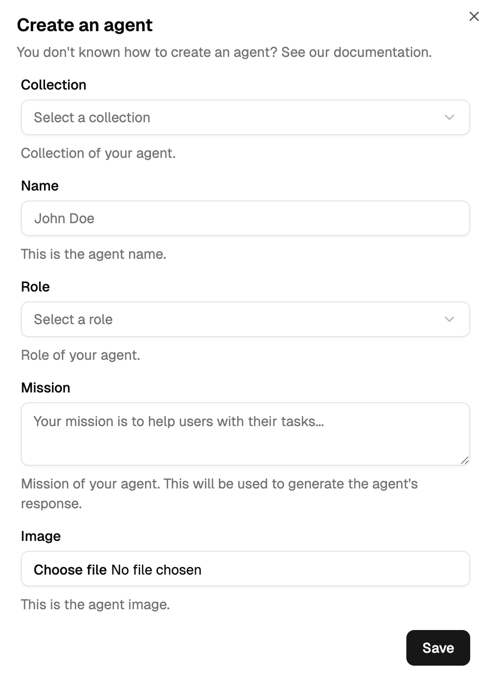 Create Agent dialog
