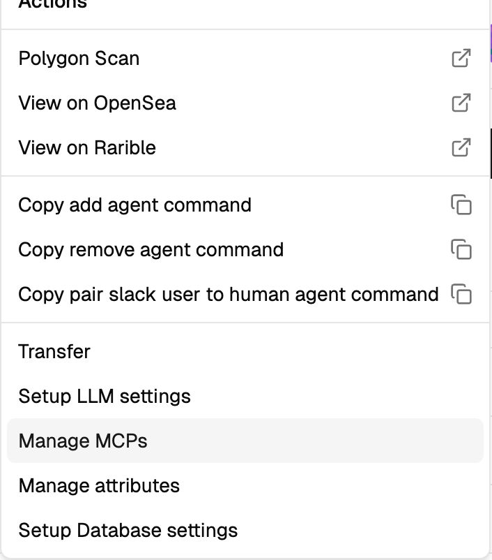 Actions menu on a freshly minted, not-yet-configured agent