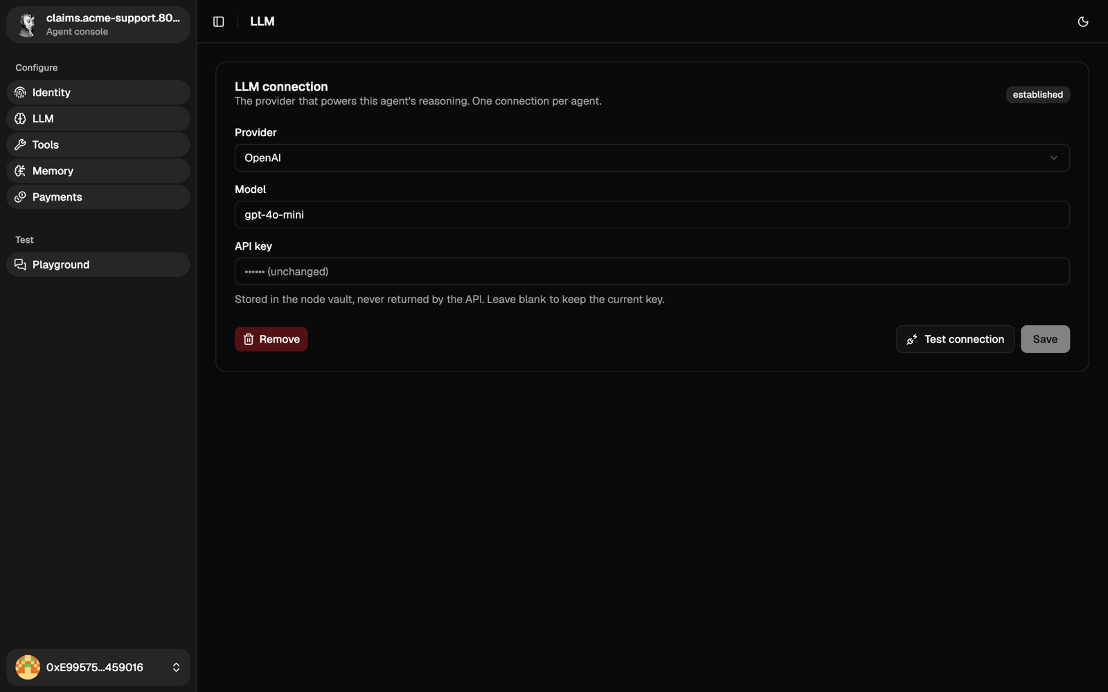 LLM page with an OpenAI connection saved
