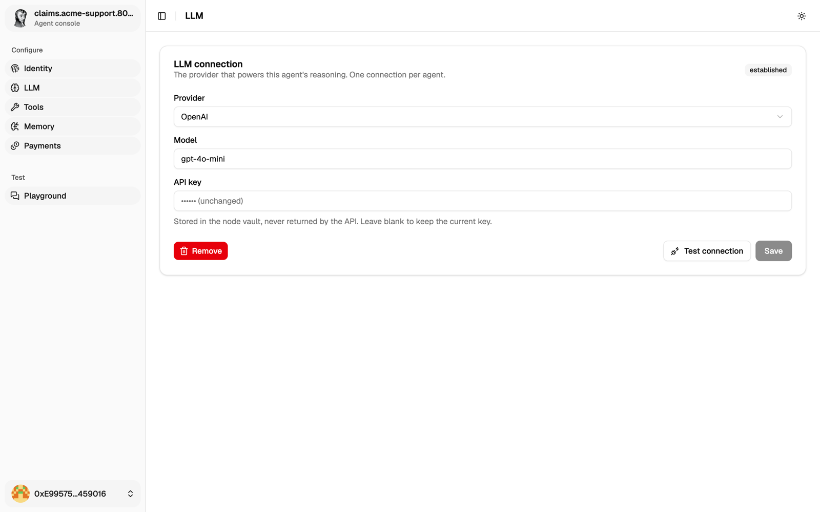 LLM page with an OpenAI connection saved
