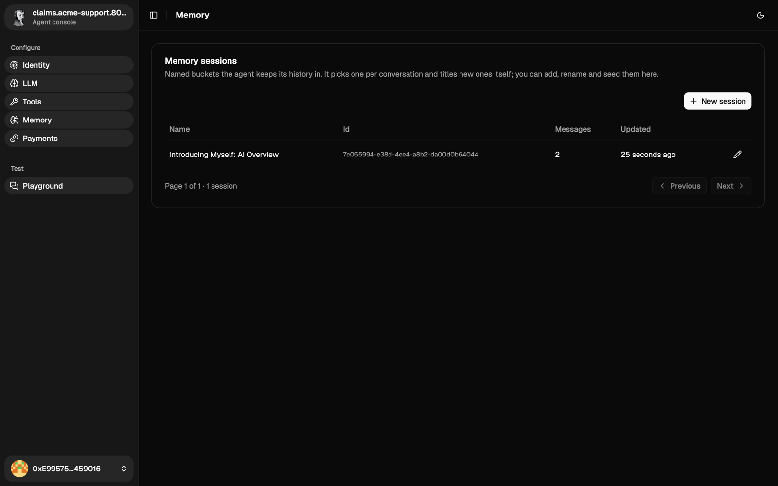 Memory page listing a session named by the model