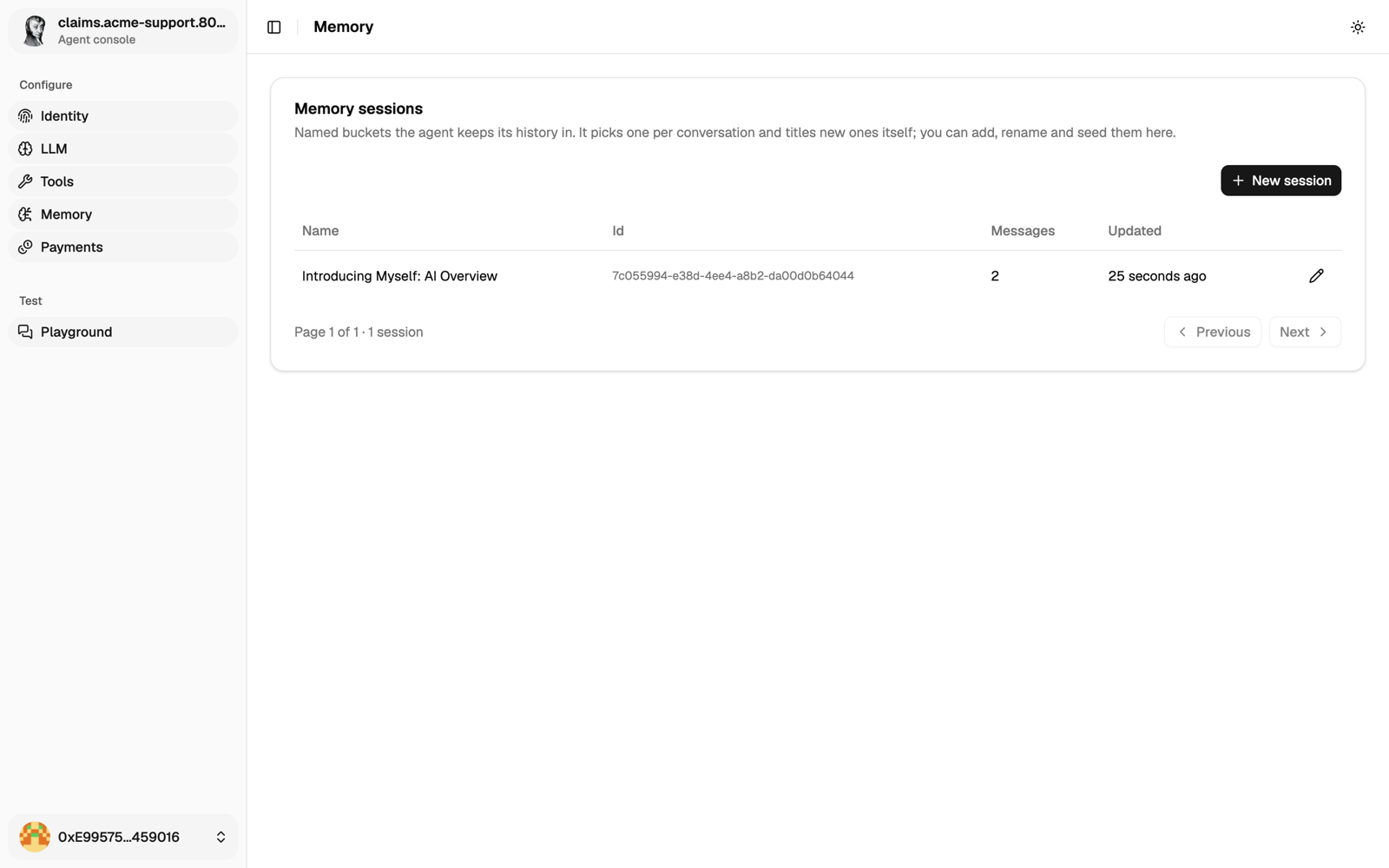 Memory page listing a session named by the model