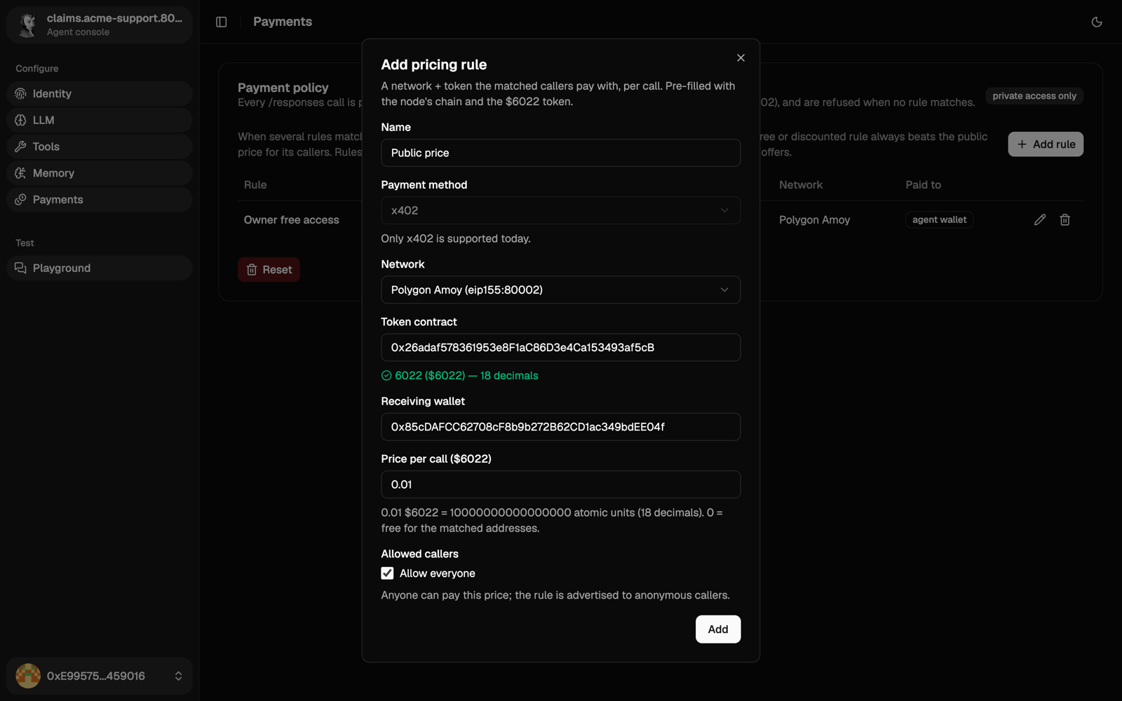 Add pricing rule dialog with Allow everyone ticked