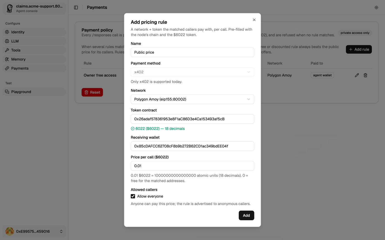 Add pricing rule dialog with Allow everyone ticked