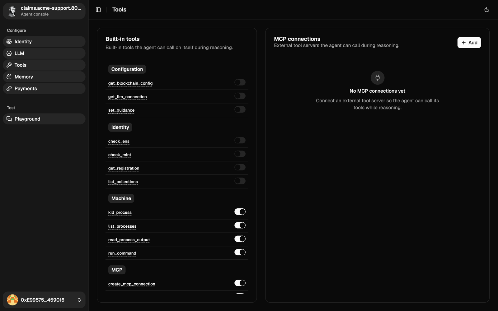 Tools page with the built-in tool switches