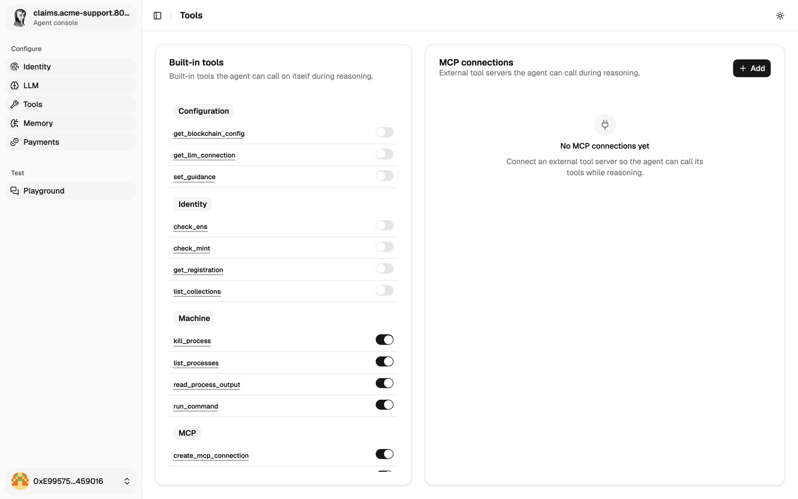 Tools page with the built-in tool switches