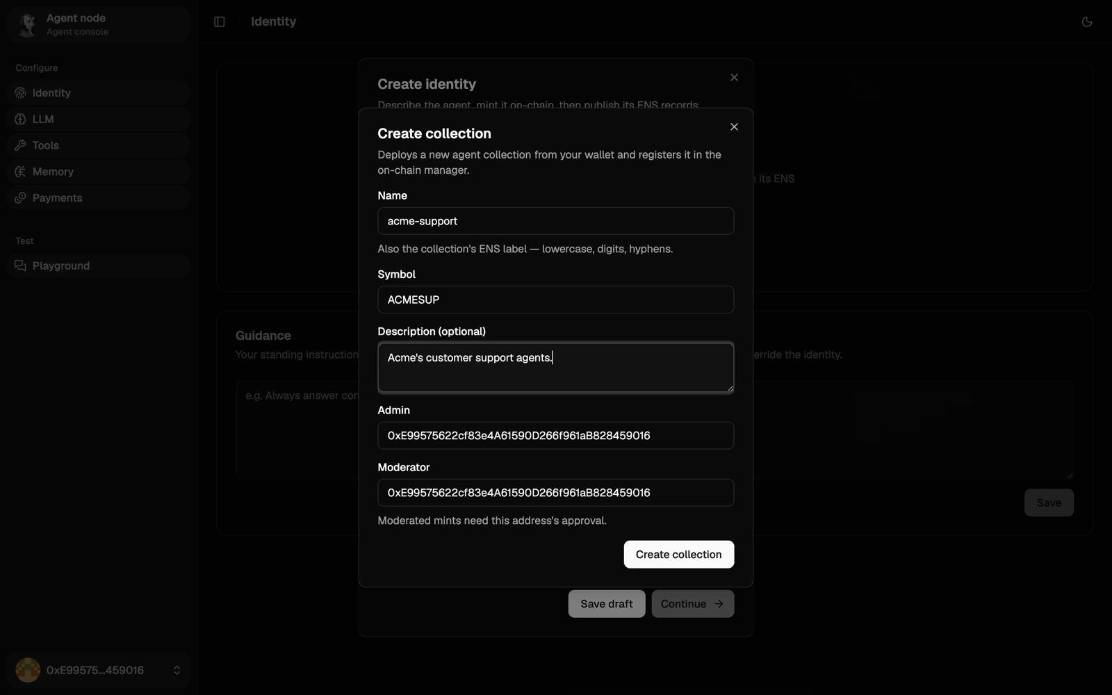 Create collection dialog opened from the Details step