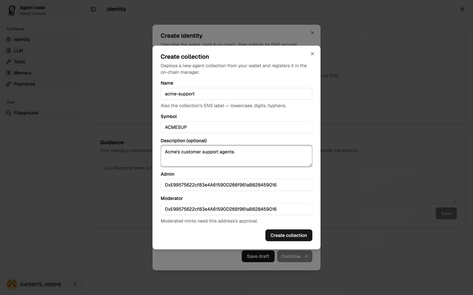 Create collection dialog opened from the Details step